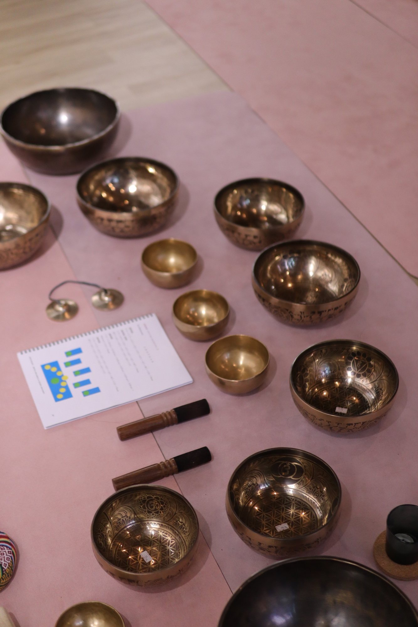 Singing bowls, mallets and the training manual laid out for spa training